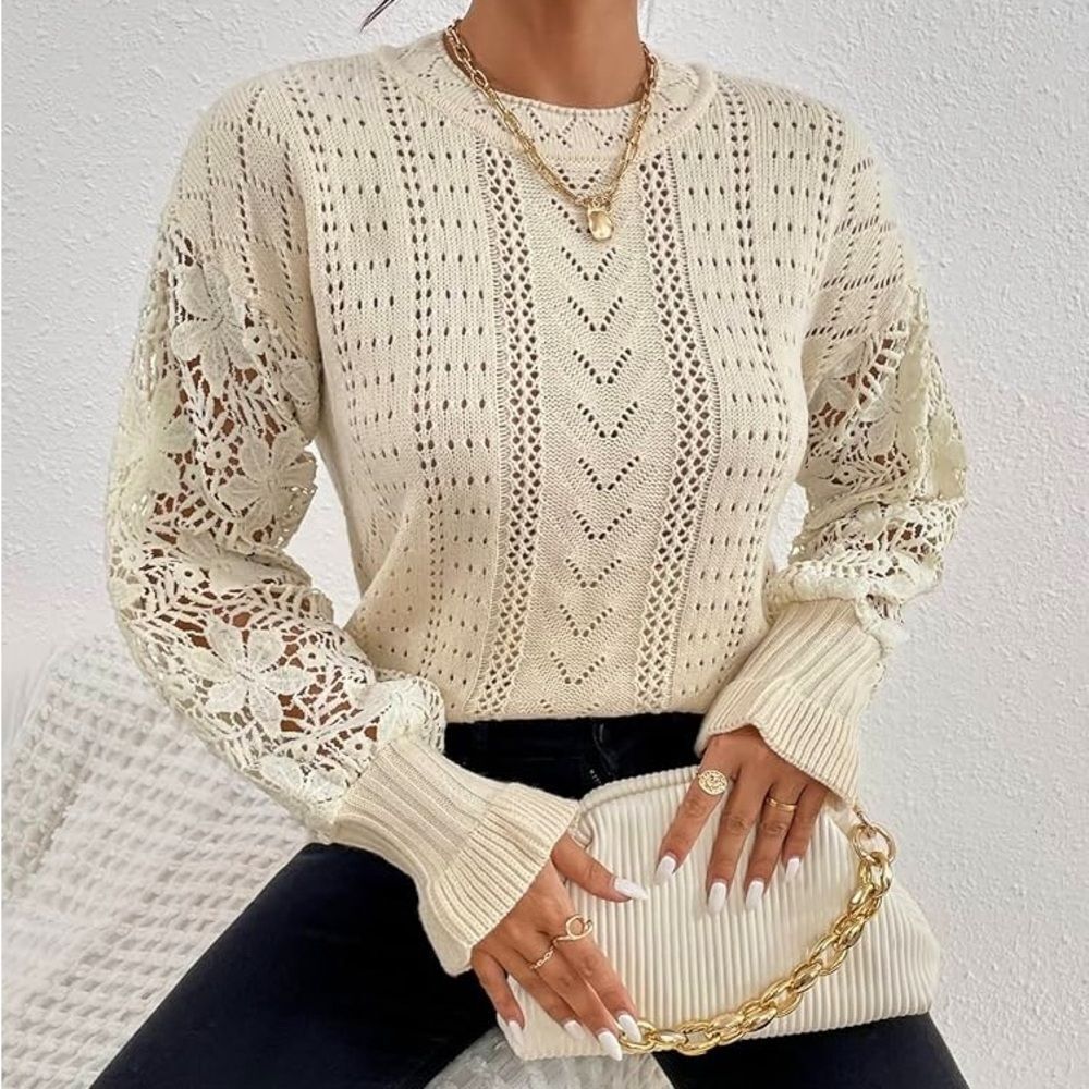 TOASTED ALMOND Pointelle Knit Floral Crochet Lace Sleeve Sweater SMALL - Picture 4 of 4